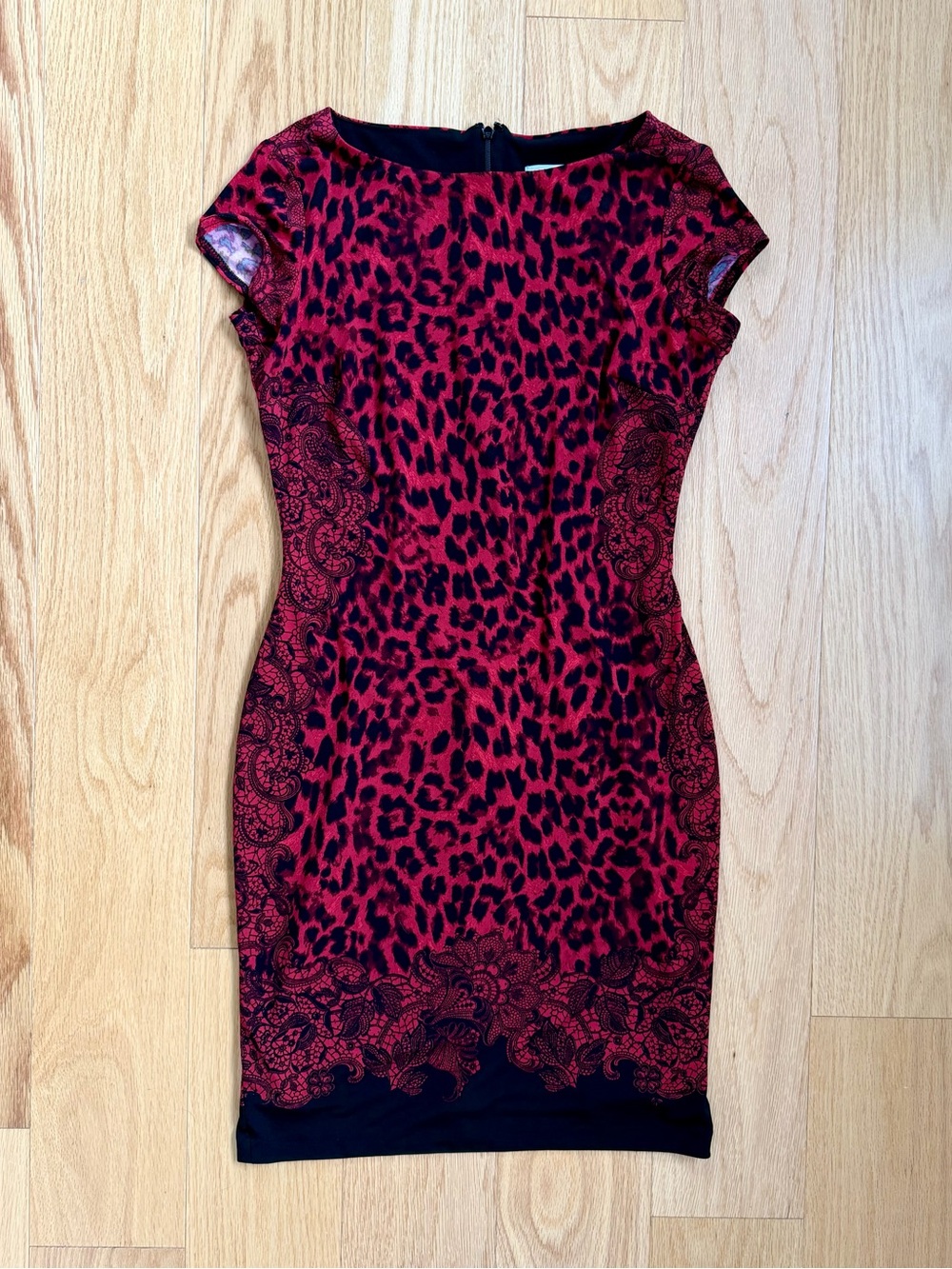 Caché Y2K Petite Red Leopard Black Lace Bodycon Sheath Cocktail Dress Size S